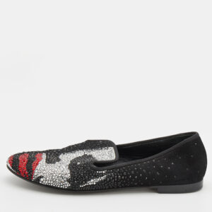 Giuseppe Zanotti Black Suede Crystal Embellished Joker Smoking Slippers Size 37