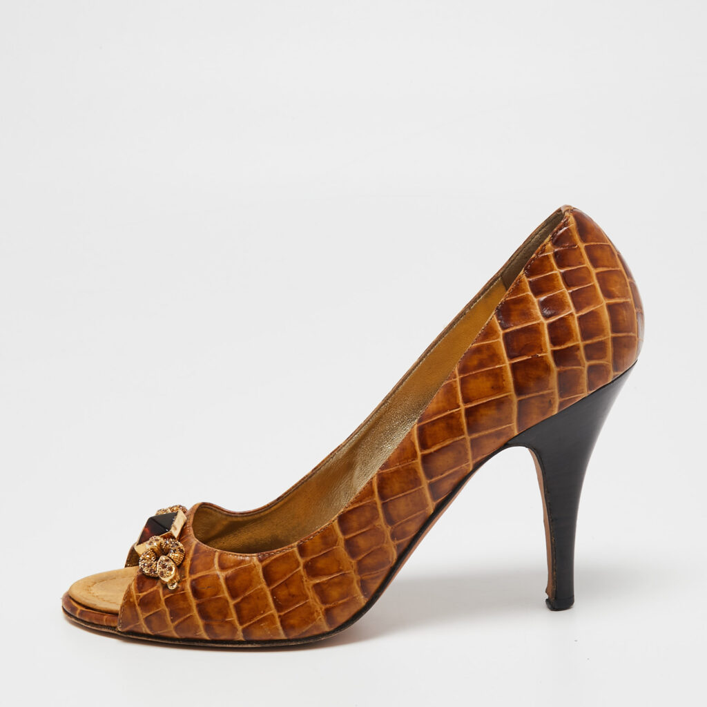 luxury-women-giuseppe-zanotti-used-shoes-p699306-001-1 Giuseppe Zanotti Brown Croc Embossed Leather Embellished Open-Toe Pumps Size 39.5