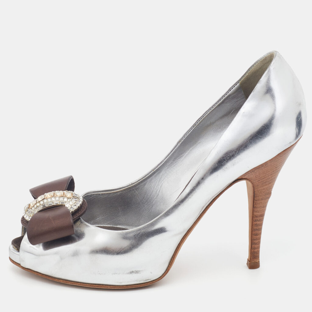 luxury-women-giuseppe-zanotti-used-shoes-p714615-006 Giuseppe Zanotti Silver/Brown Leather Bow Crystal Embellished Peep Toe Pumps Size 37.5