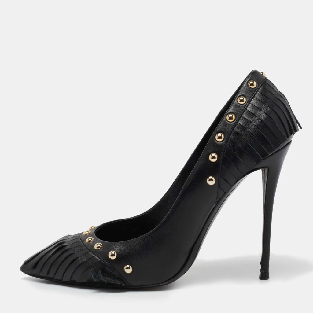 luxury-women-giuseppe-zanotti-used-shoes-p719520-003 Giuseppe Zanotti Black Leather Studded Fringe Pumps Size 38.5