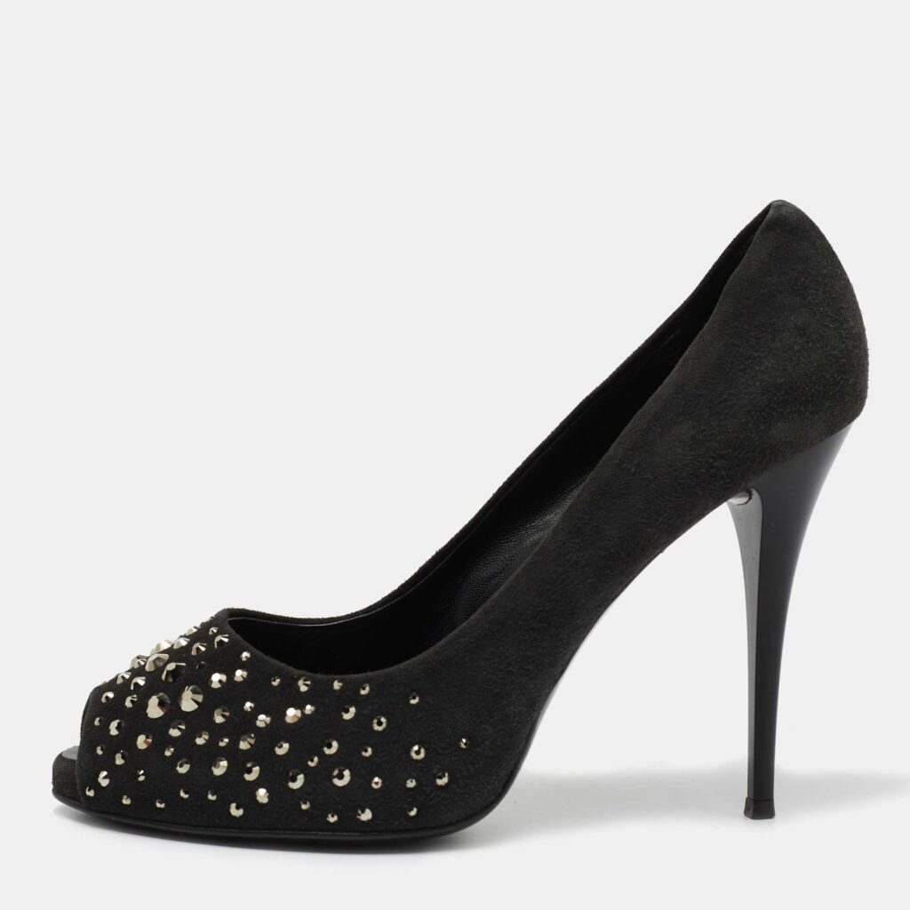 luxury-women-giuseppe-zanotti-used-shoes-p721386-003 Giuseppe Zanotti Grey Suede Embellished Peep Toe Pumps Size 38.5
