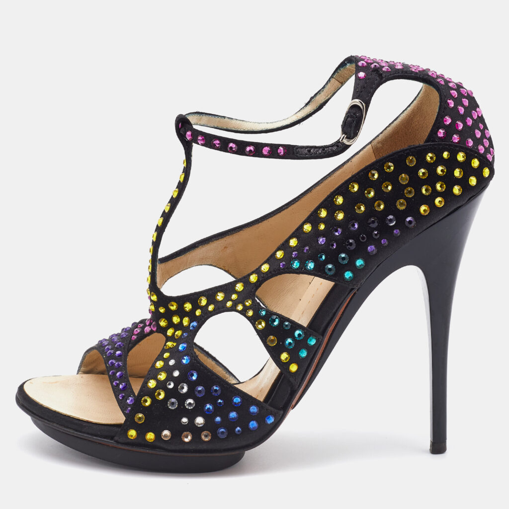 luxury-women-giuseppe-zanotti-used-shoes-p731131-005 Giuseppe Zanotti Black Satin Crystal Embellished Strappy Sandals Size 38