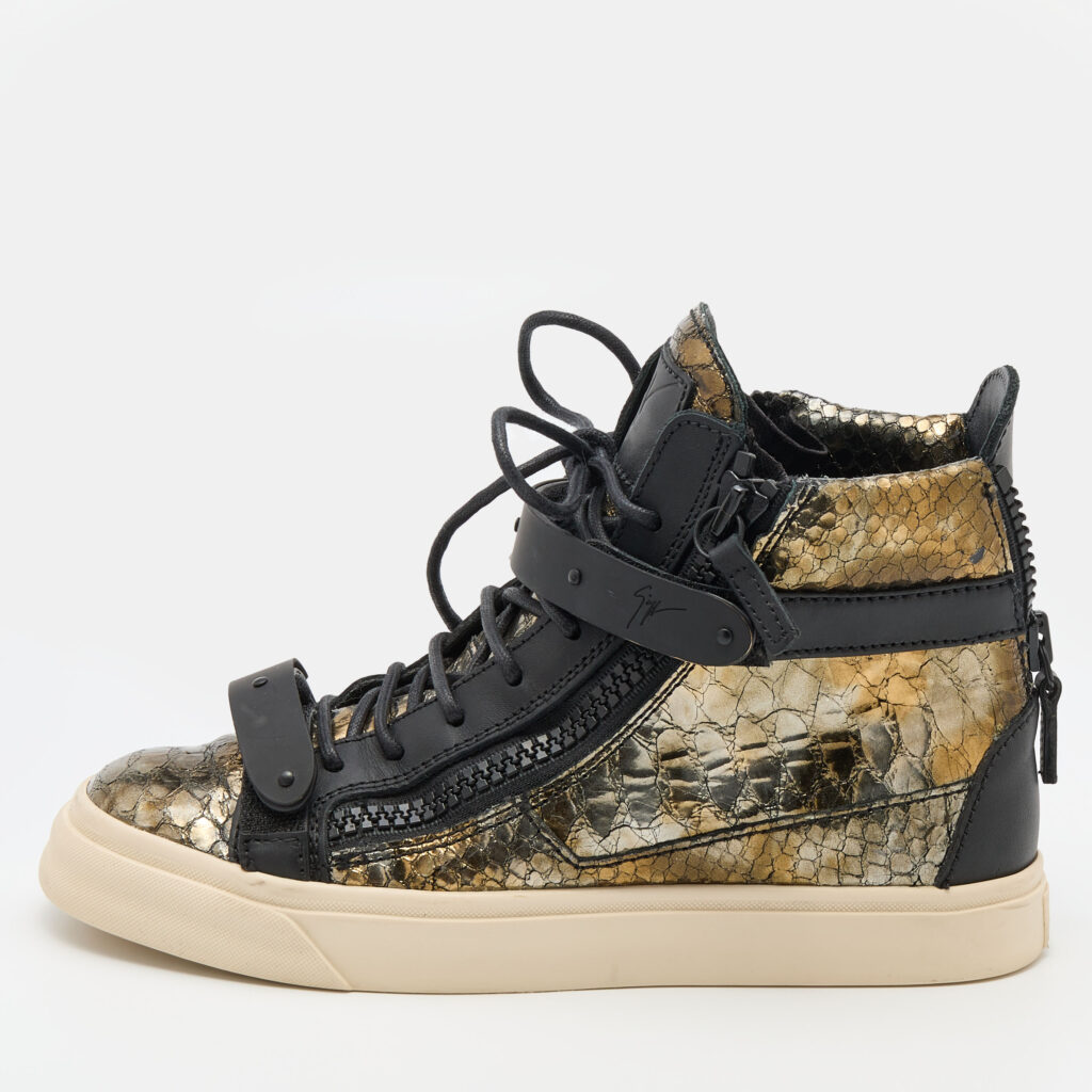 luxury-women-giuseppe-zanotti-used-shoes-p737400-002 Giuseppe Zanotti Gold/Black Python Embossed Leather Coby High Top Sneakers Size 37