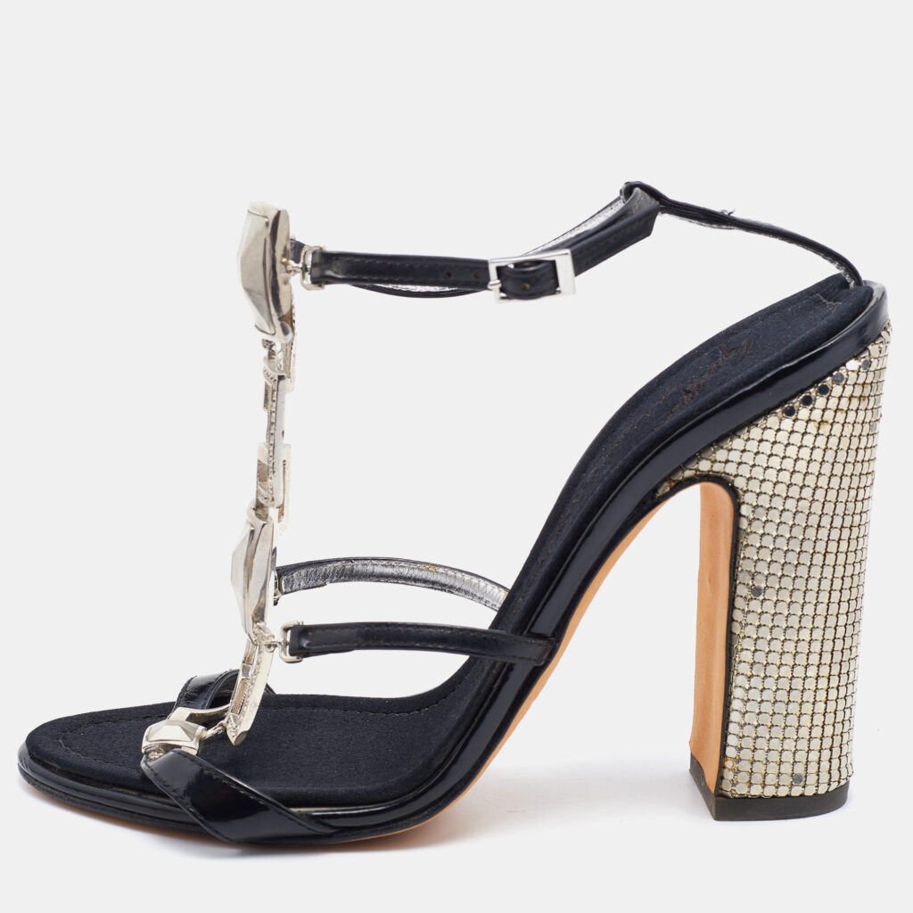 luxury-women-giuseppe-zanotti-used-shoes-p750207-010 Giuseppe Zanotti Black Patent Leather Block Heel Ankle Strap Sandals Size 37