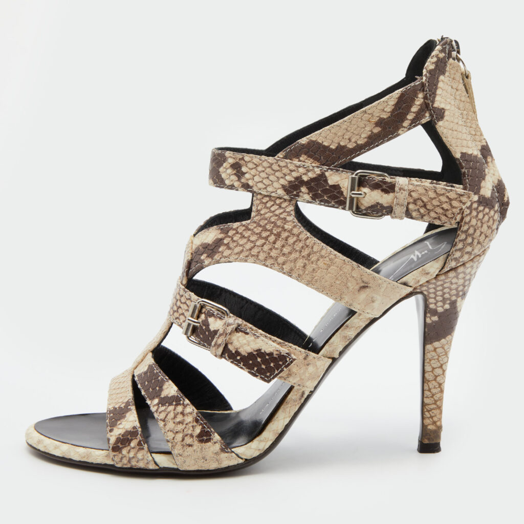 luxury-women-giuseppe-zanotti-used-shoes-p762950-002 Giuseppe Zanotti Off White/Brown Python Embossed Leather Strappy Sandals Size 38