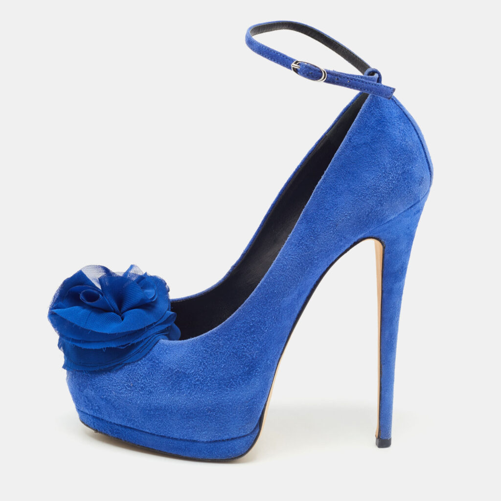 luxury-women-giuseppe-zanotti-used-shoes-p777403-010 Giuseppe Zanotti Blue Suede Flower Applique Peep Toe Platform Ankle Strap Pumps Size 39