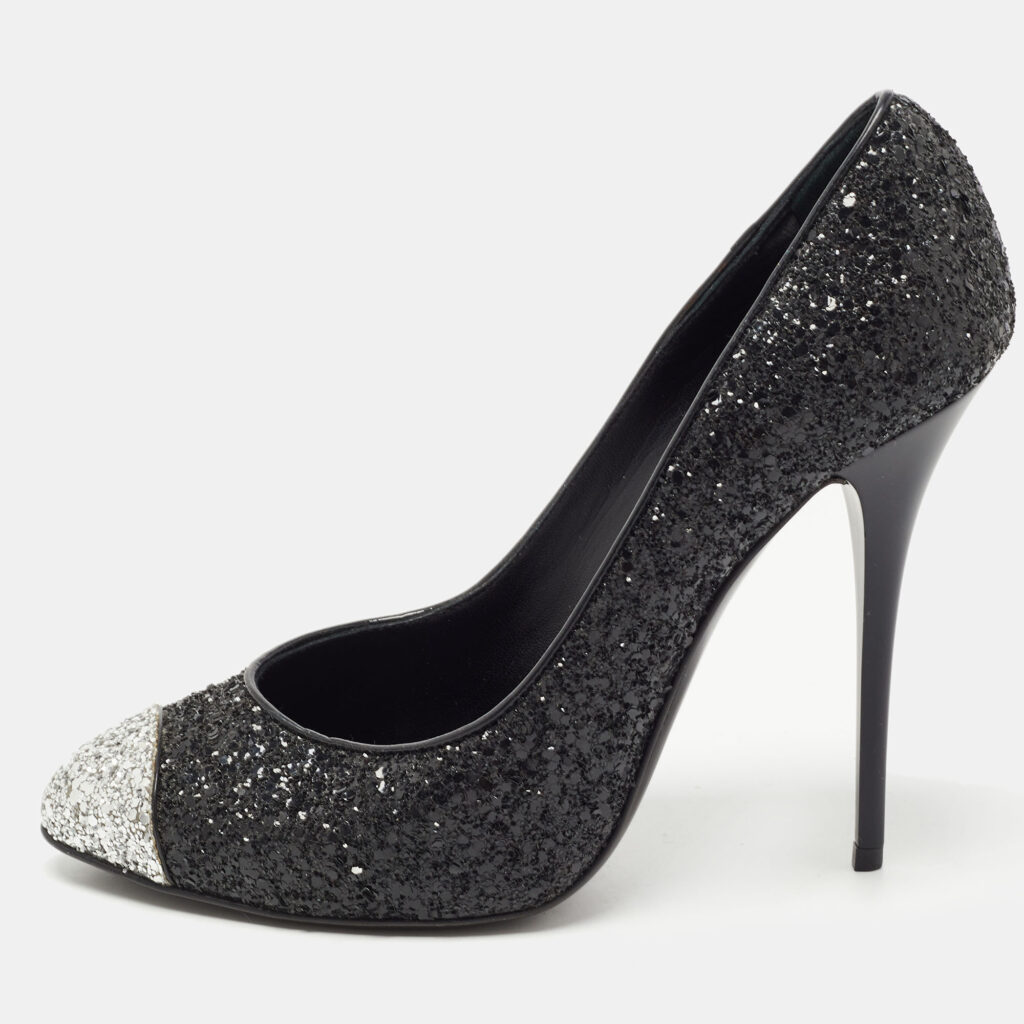 luxury-women-giuseppe-zanotti-used-shoes-p784926-008 Giuseppe Zanotti Black/Silver Coarse Glitter Cap Toe Pumps Size 39
