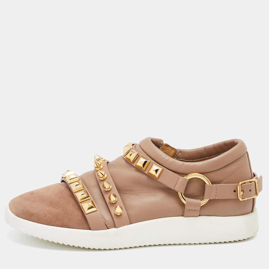 luxury-women-giuseppe-zanotti-used-shoes-p785457-008 Giuseppe Zanotti Beige Suede Stud Embellished Slip On Sneakers Size 37