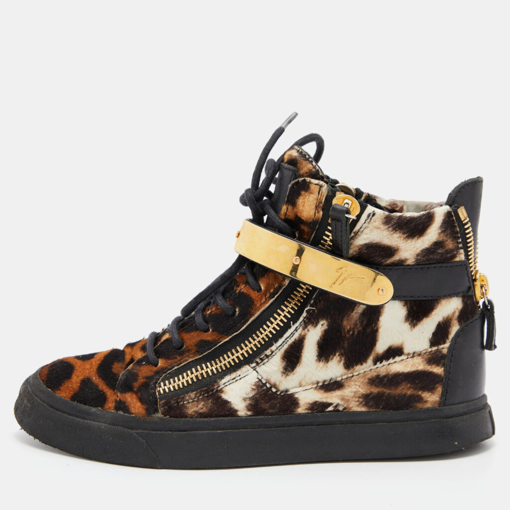 luxury-women-giuseppe-zanotti-used-shoes-p786831-010 Giuseppe Zanotti Brown/Black Leopard Print Calfhair Lace Up High Top Sneakers 37