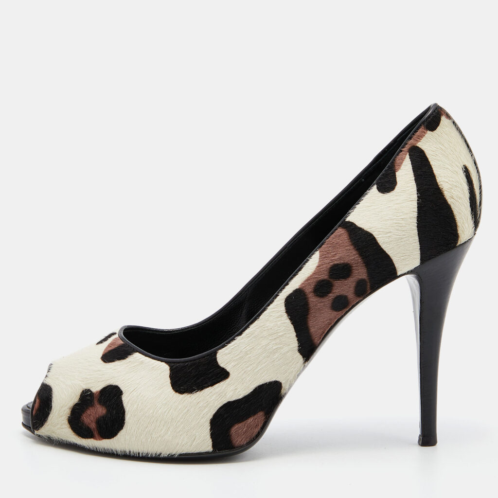 luxury-women-giuseppe-zanotti-used-shoes-p789305-010 Giuseppe Zanotti Tri Color Leopard Print Calf Hair Peep Toe Pumps Size 40