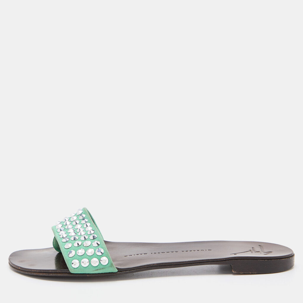 luxury-women-giuseppe-zanotti-used-shoes-p789712-010 Giuseppe Zanotti Green Suede Leather Crystal Embellished Flat Slides Size 36.5
