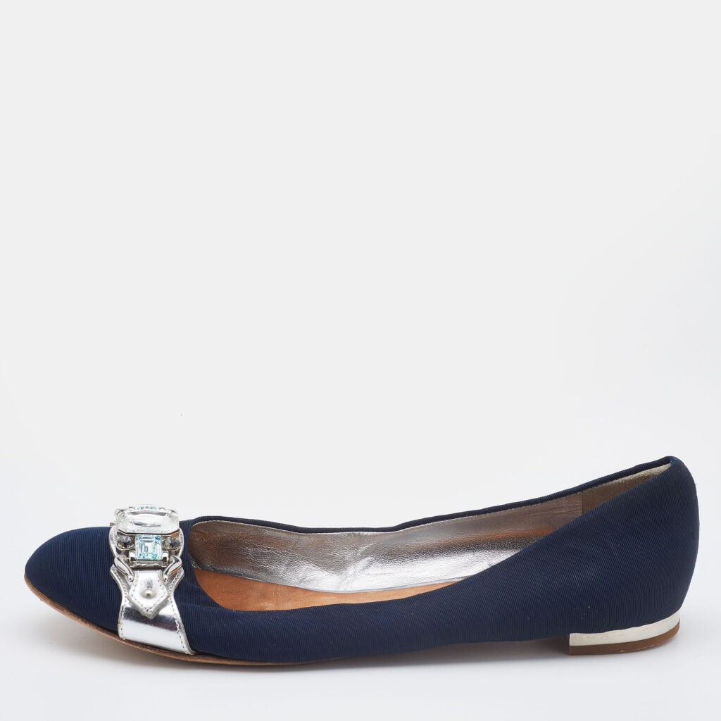 luxury-women-giuseppe-zanotti-used-shoes-p804591-005 Giuseppe Zanotti Navy Blue Canvas Crystals Embellishment Ballet Flats Size 40.5