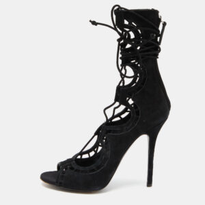 Giuseppe Zanotti Black Suede Cut Out Strappy High Peep Toe Sandals Size 38.5