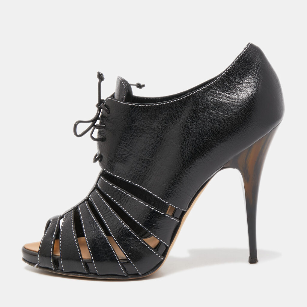 luxury-women-giuseppe-zanotti-used-shoes-p823412-001 Giuseppe Zanotti Black Leather Oxford Peep Toe Ankle Boots Size 39.5