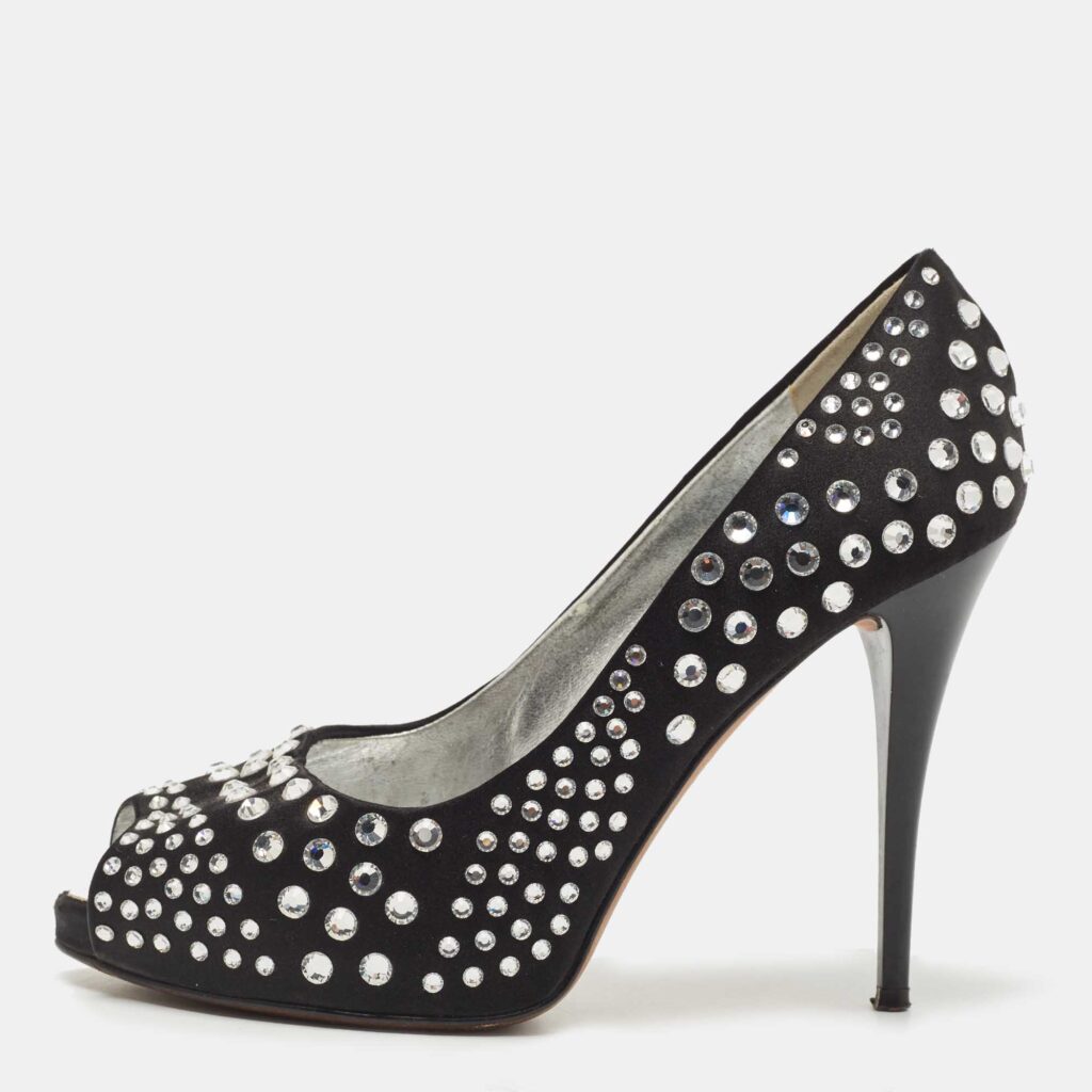 luxury-women-giuseppe-zanotti-used-shoes-p828773-003 Giuseppe Zanotti Black Satin Crystal Embellished Peep Toe Platform Pumps Size 36