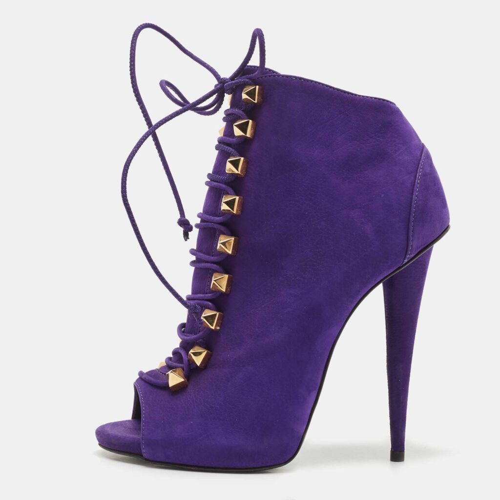 luxury-women-giuseppe-zanotti-used-shoes-p842137-003 Giuseppe Zanotti Purple Nubuck Leather Studded Lace Up Ankle Booties Size 38