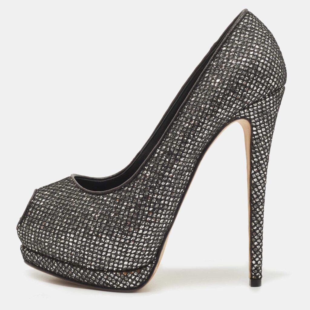 luxury-women-giuseppe-zanotti-used-shoes-p843746-003 Giuseppe Zanotti Black Glitter and Mesh Platform Peep Toe Pumps Size 39