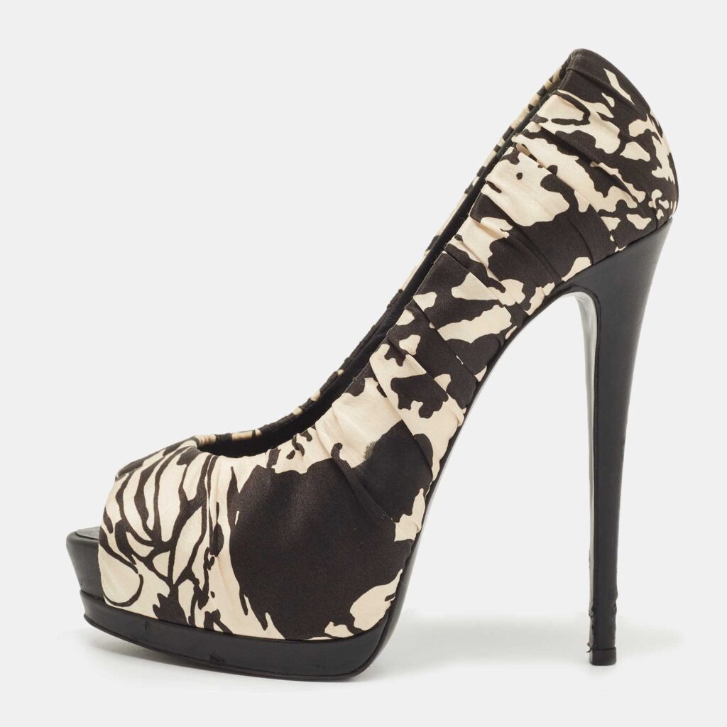 luxury-women-giuseppe-zanotti-used-shoes-p862354-003 Giuseppe Zanotti Two Tone Printed Satin Peep Toe Platform Pumps Size 39