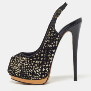 Guiseppe Zannotti Black/Gold Sequins and Velvet Peep Toe Slingback Platform Sandals Size 37