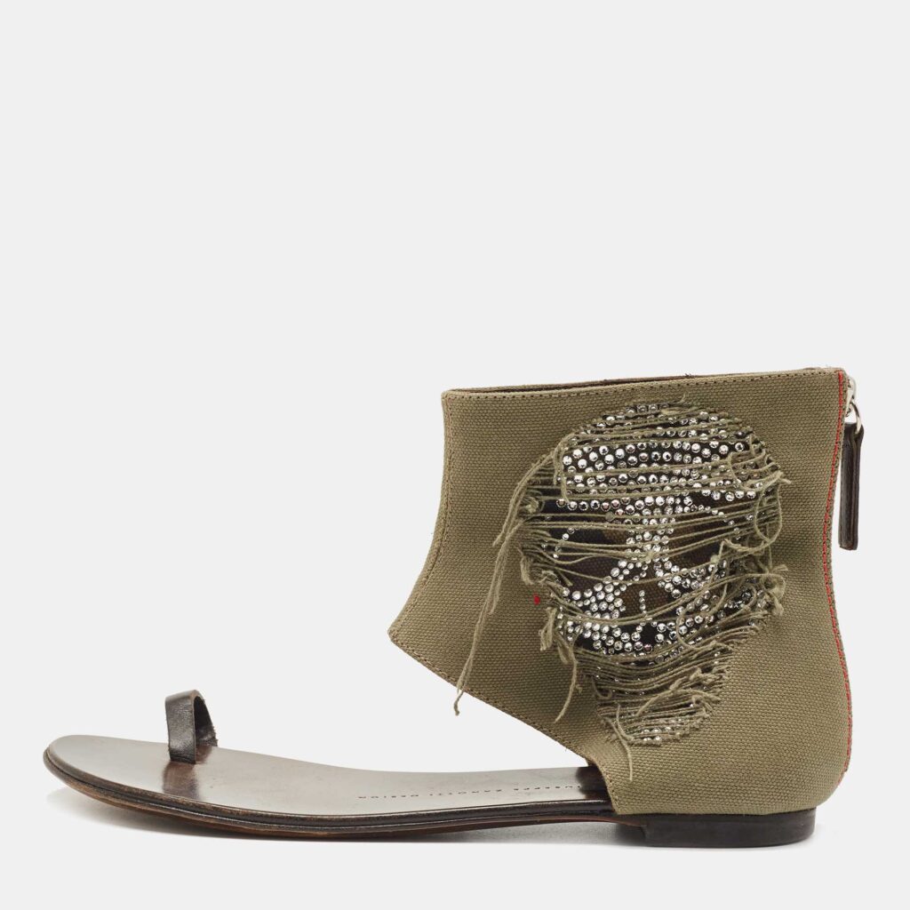 luxury-women-giuseppe-zanotti-used-shoes-p864107-003 Giuseppe Zanotti Green Canvas Skull Crystal Embellished Toe Ring Zipper Flats Size 36