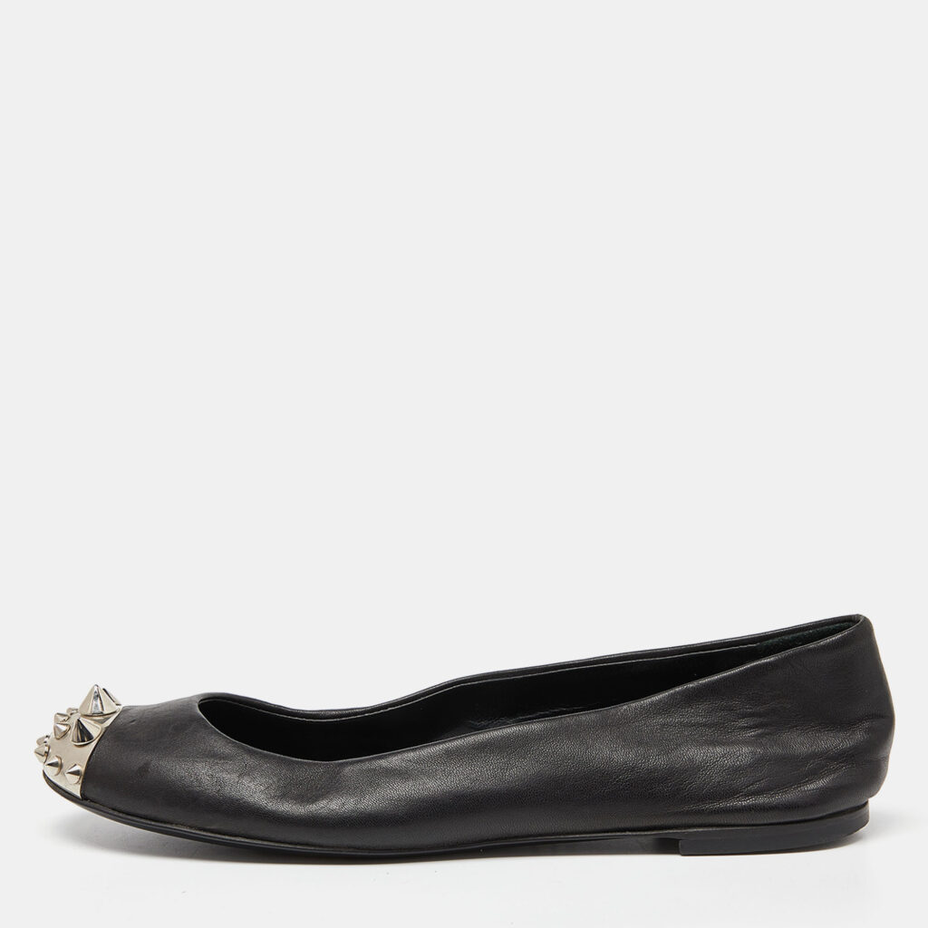 luxury-women-giuseppe-zanotti-used-shoes-p865650-010 Giuseppe Zanotti Black Leather Malika Spiked Cap Toe Ballet Flats Size 36.5