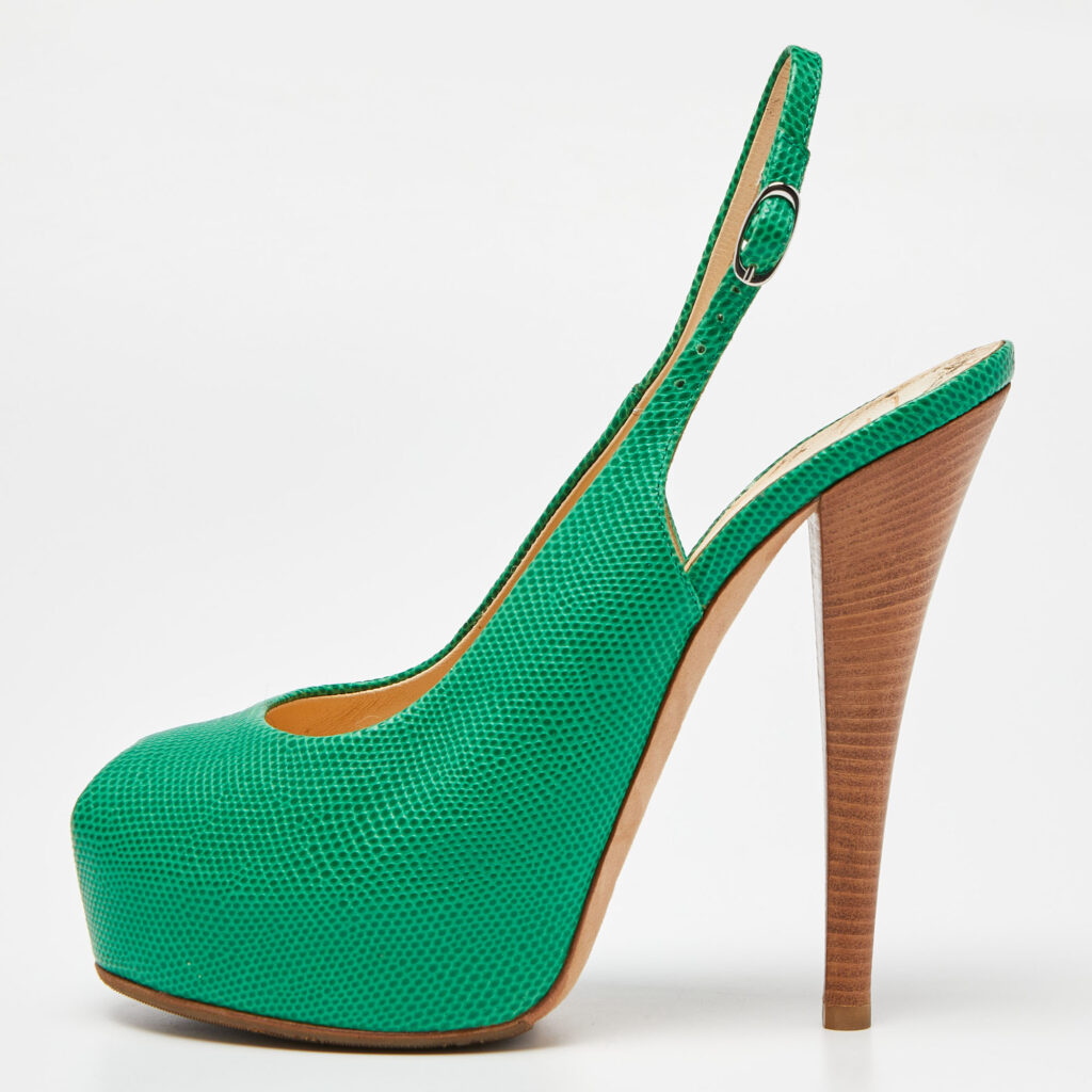 Giuseppe Zanotti Green Lizard Embossed Leather Slingback Sandals Size 39
