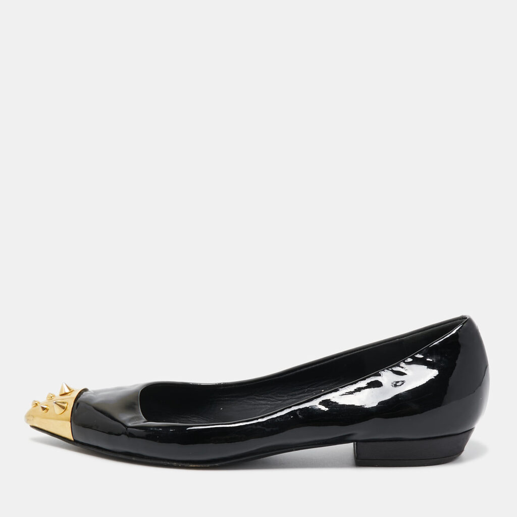 luxury-women-giuseppe-zanotti-used-shoes-p886415-001 Giuseppe Zanotti Black Patent Leather Spiked Cap Toe Ballet Flats Size 38.5