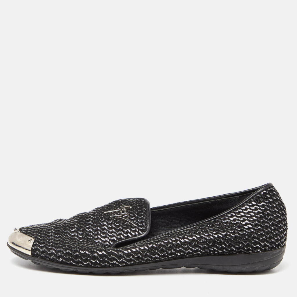 luxury-women-giuseppe-zanotti-used-shoes-p904168-001 Giuseppe Zanotti Black Glitter Leather Slip On Smoking Slippers Size 37.5