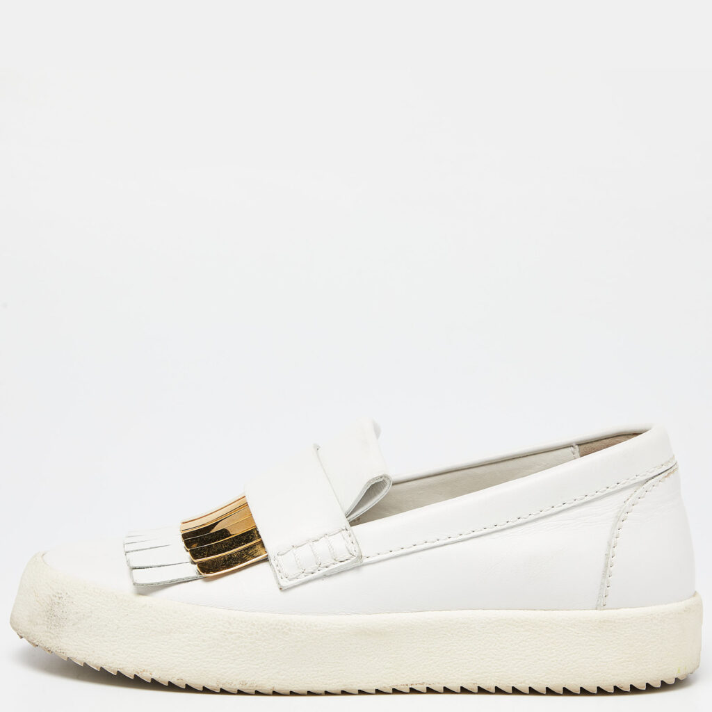 luxury-women-giuseppe-zanotti-used-shoes-p909614-009 Giuseppe Zanotti White Leather Fringed Slip On Sneakers Size 37.5