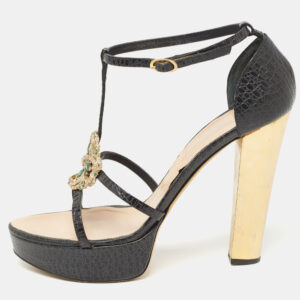 Giuseppe Zanotti Black Croc Embossed Embellished Ankle Strap Sandals Size 39.5