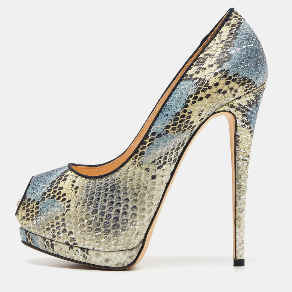 luxury-women-giuseppe-zanotti-used-shoes-p922400-010 Giuseppe Zanotti Tricolor Embossed Python Sharon Peep Toe Pumps Size 38