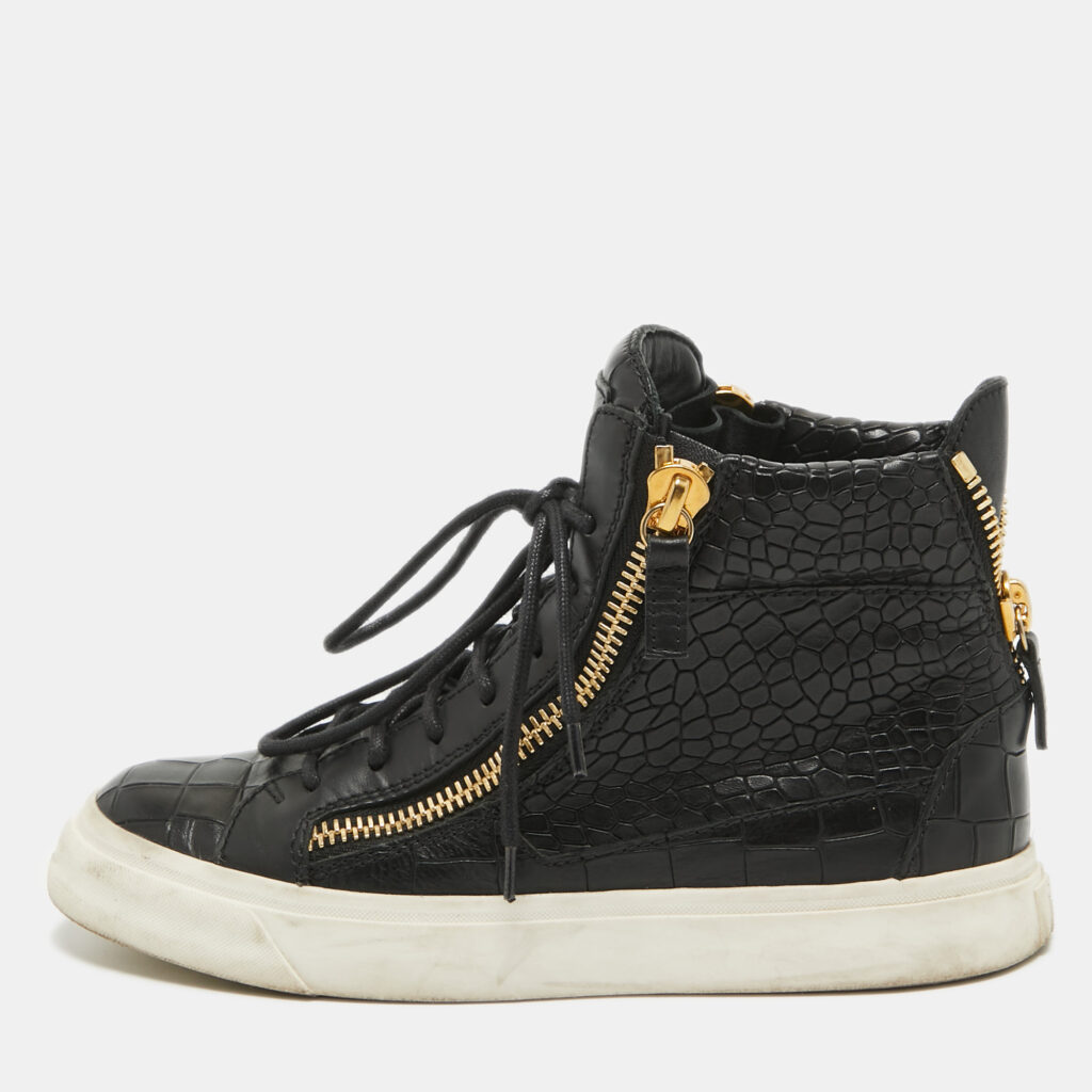 luxury-women-giuseppe-zanotti-used-shoes-p922766-001 Giuseppe Zanotti Black Croc Embossed Leather High Top Sneakers Size 35.5