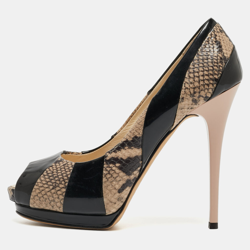 luxury-women-giuseppe-zanotti-used-shoes-p927365-004 Giuseppe Zanotti Tricolor Embossed Python and Patent Leather Platform Peep Toe Pumps Size 40