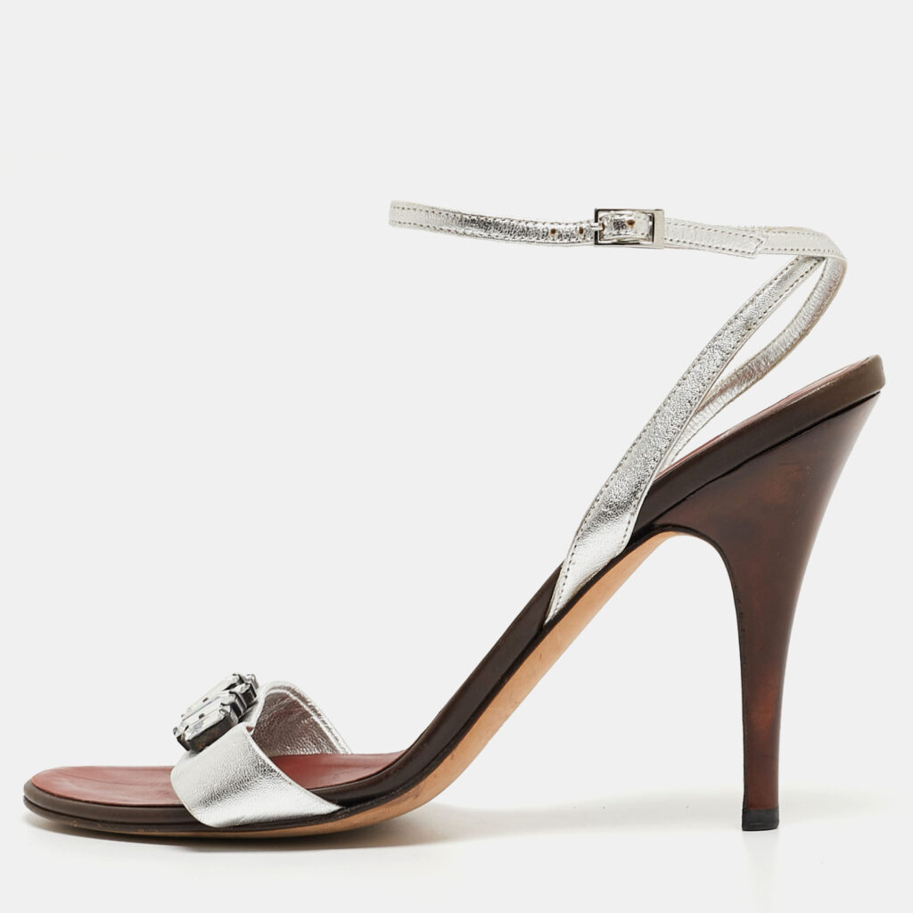 luxury-women-giuseppe-zanotti-used-shoes-p928021-010 Giuseppe Zanotti Silver Leather Crystal Embellished Ankle Strap Sandals Size 40