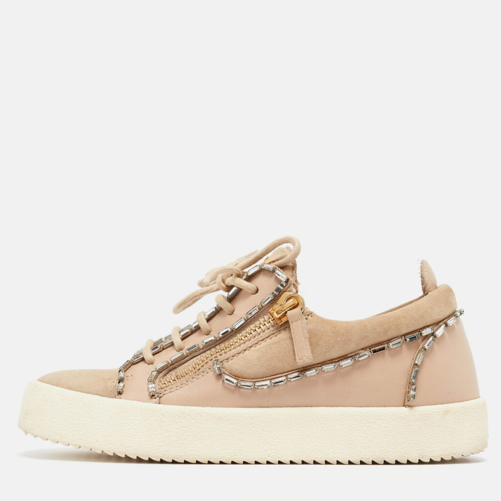 luxury-women-giuseppe-zanotti-used-shoes-p962141-010 Gisueppe Zanotti Beige Nubuck and Leather Double Zip Low Top Sneakers Size 36