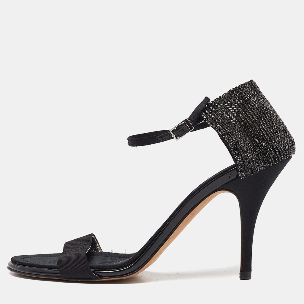 Giuseppe Zanotti Black Fabric and Crystal Embellished Ankle Strap Sandals Size 39.5