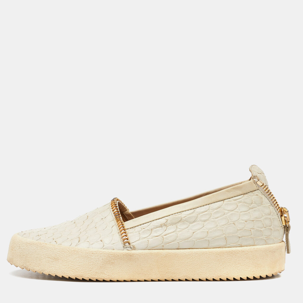 luxury-women-giuseppe-zanotti-used-shoes-p974197-007 Giuseppe Zanotti Cream Croc Embossed Leather Slip-On Sneakers Size 40