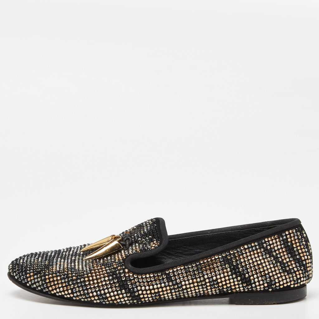 Giuseppe Zanotti Black Crystal Embellished Suede Shark Tooth Smoking Slippers Size 38.5