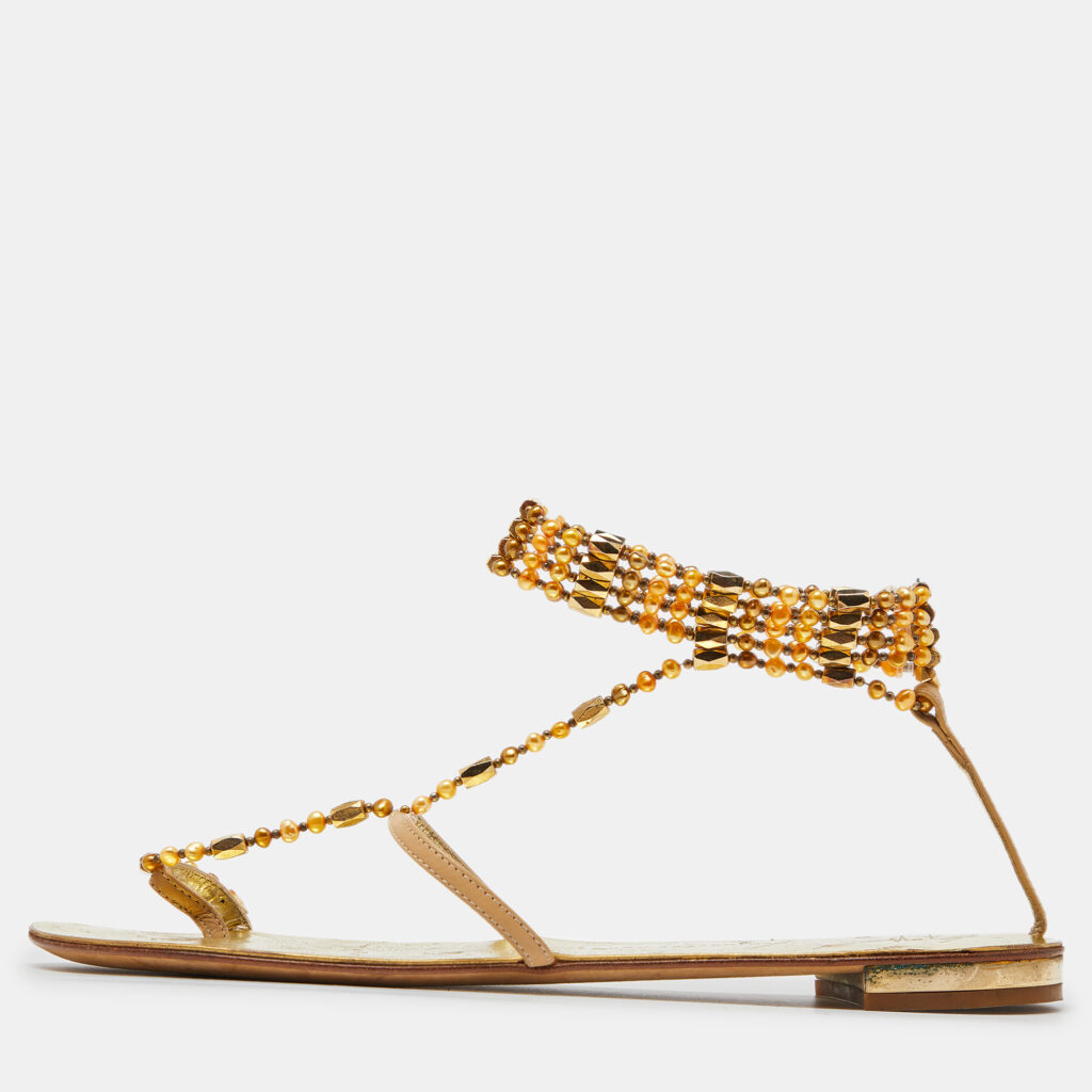 luxury-women-giuseppe-zanotti-used-shoes-p996627-010 Giuseppe Zanotti Beige/Gold Leather Crystal Embellished Chain Thong Flat Sandals Size 38.5