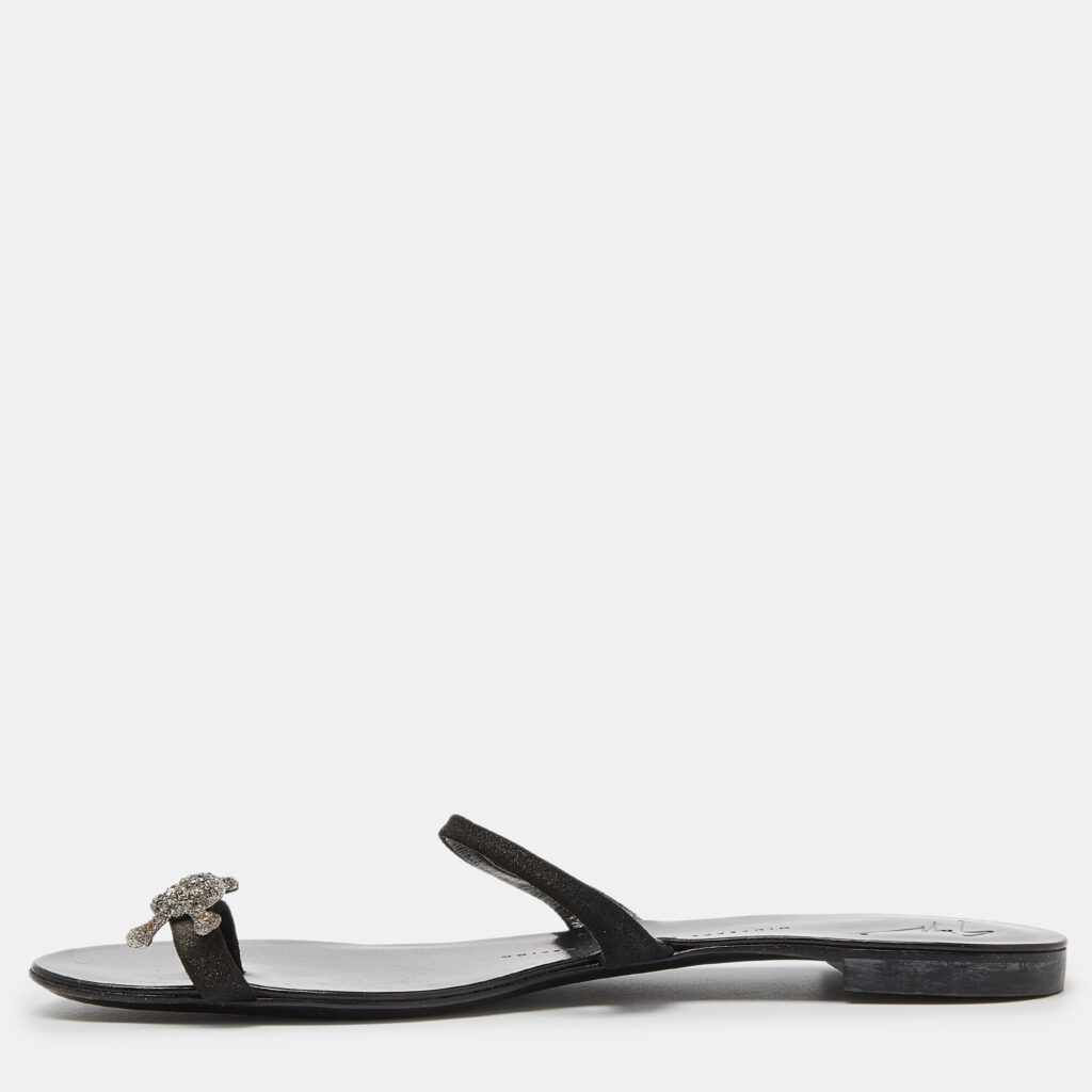 Giuseppe Zanotti Black Suede Crystal Skull Toe Ring Sandals Size 38