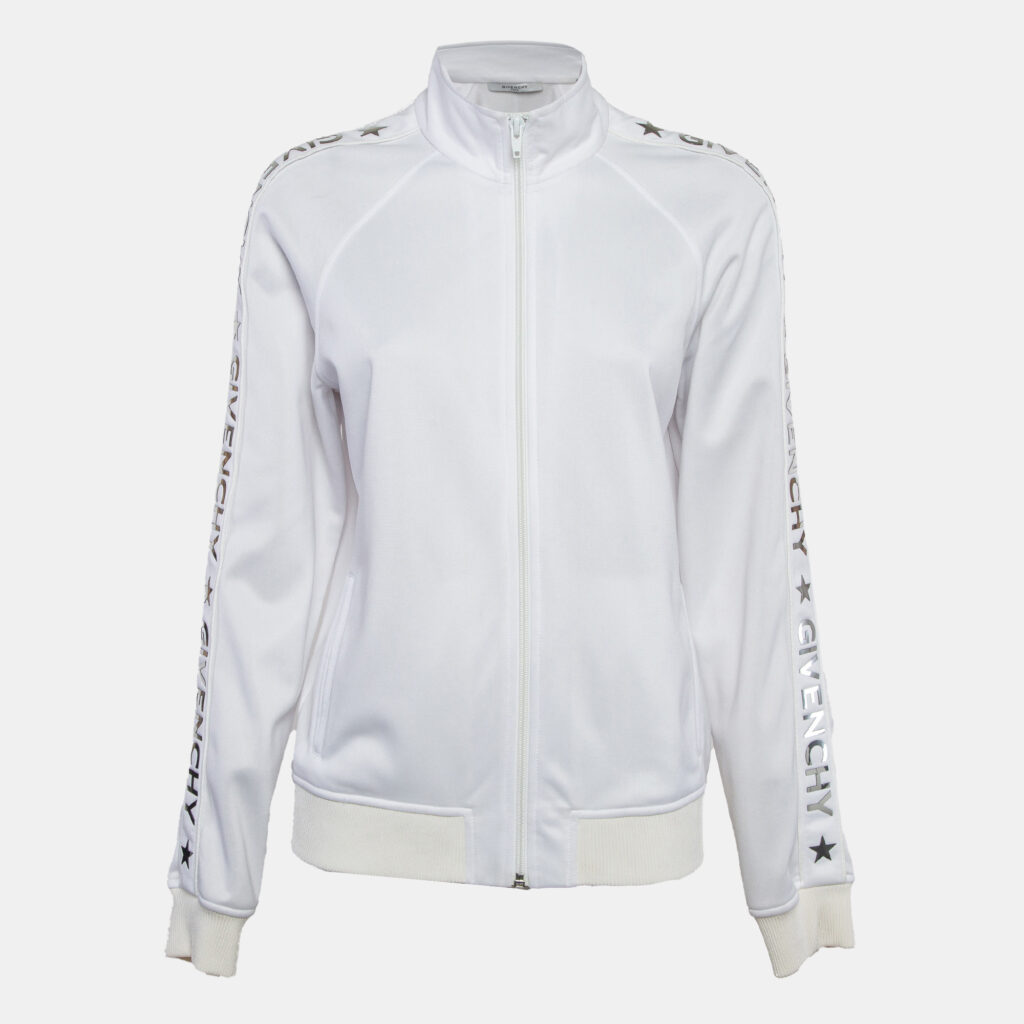 luxury-women-givenchy-used-clothes-p1039435-001 Givenchy White Metallic Logo Print Jersey Jacket L