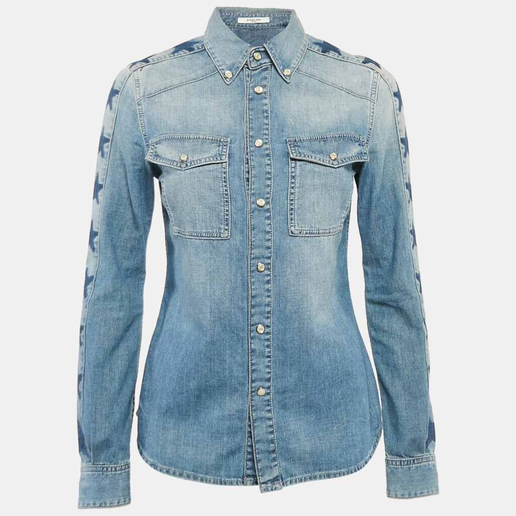 luxury-women-givenchy-used-clothes-p1096000-003 Givenchy Blue Washed Star Print Denim Button Down Shirt S