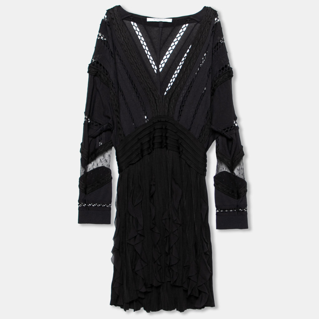 luxury-women-givenchy-used-clothes-p627639-006-2 Givenchy Black Patterned Knit Ruffle Trimmed Dress M