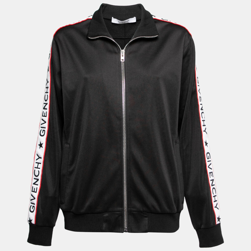 luxury-women-givenchy-used-clothes-p644376-001-1 Givenchy Black Jersey Logo Tape Trimmed Zip Front Jacket M