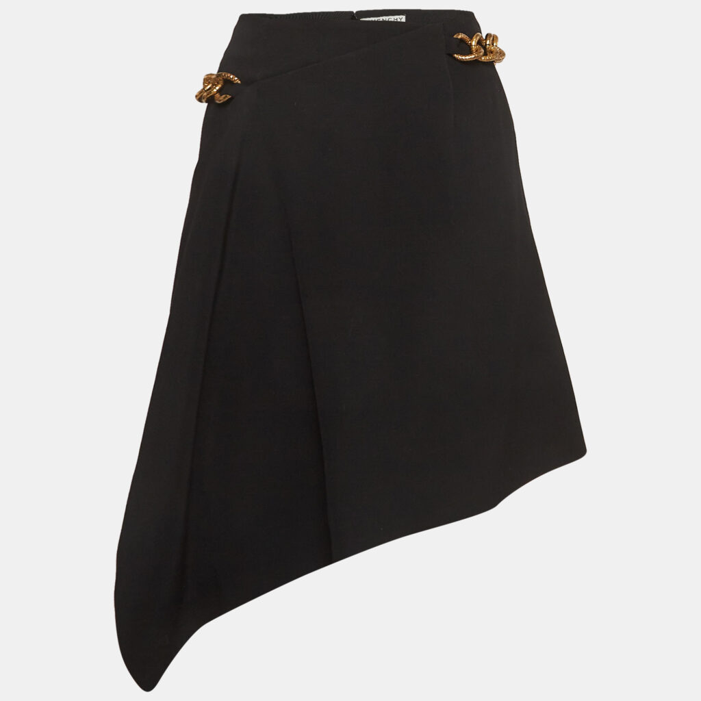 luxury-women-givenchy-used-clothes-p964397-002 Givenchy Black Chain Belted Gabardine Asymmetrical Mini Skirt S