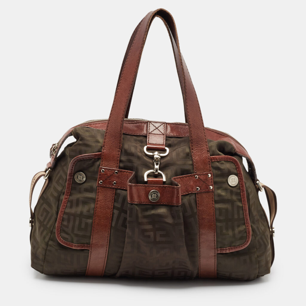 luxury-women-givenchy-used-handbags-p1106149-013 Givenchy Brown/Olive Green Monogram Nylon and Leather Shoulder Bag