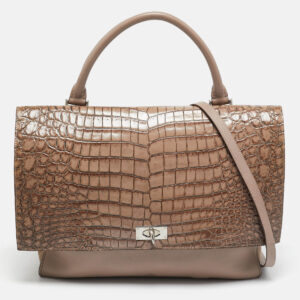 givenchy brown/taupe croc embossed leather and suede shark lock top handle bag