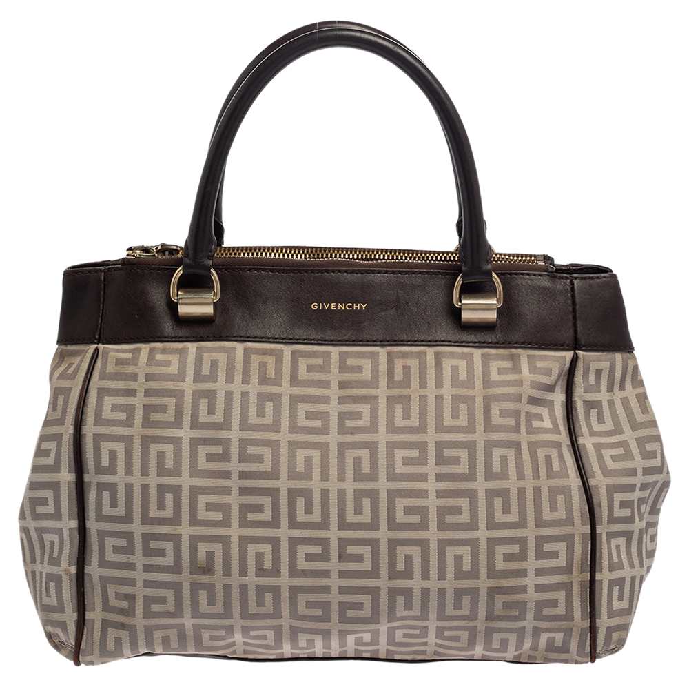 luxury-women-givenchy-used-handbags-p389681-006 Givenchy Dark Brown/White Monogram Canvas and Leather Double Zip Tote