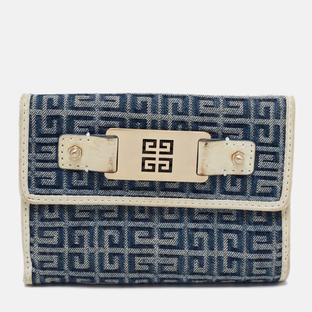 luxury-women-givenchy-used-handbags-p669393-004-1 Givenchy Blue/Cream Monogram Canvas and Leather Metal Flap Compact Wallet