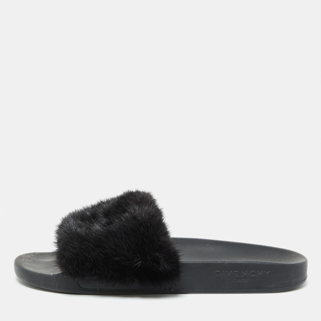 luxury-women-givenchy-used-shoes-p1036041-001 Givenchy Black Mink Fur Flat Slides Size 41